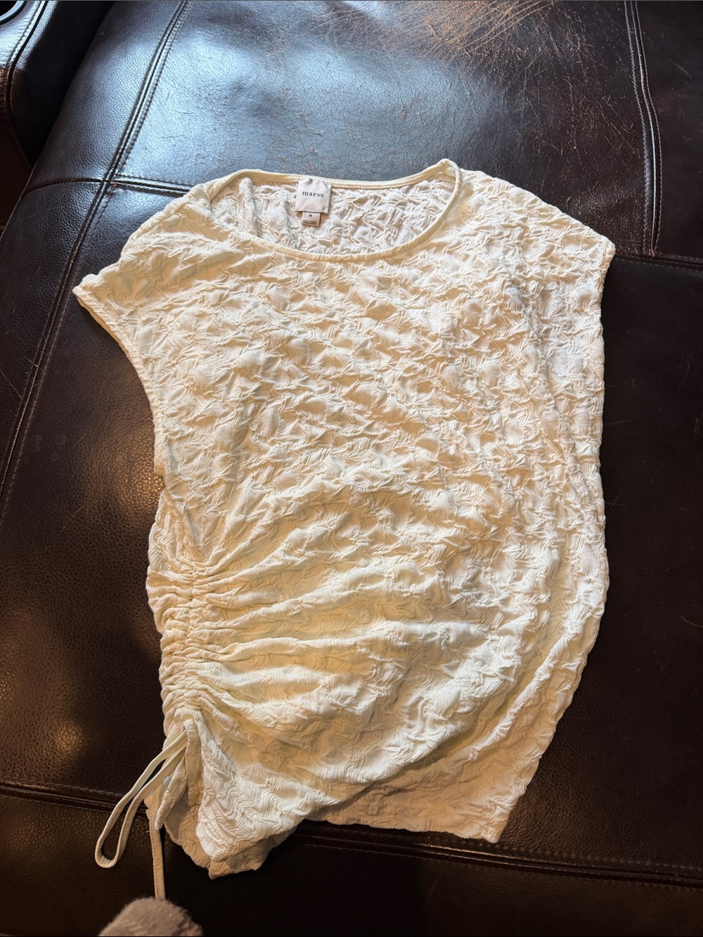Maeve Cream Textured Short-Sleeve Ruched Side Top
